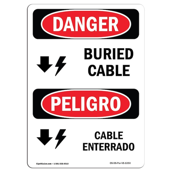Safety Sign, OSHA Danger, 5" Height, Buried Cable Bilingual Spanish, 10PK